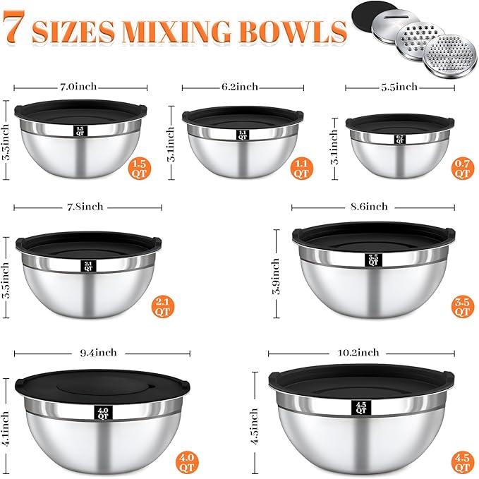 Mixing Bowls with Lids Set - 7 Nesting Mixing Bowls, 3 Graters, 11 Baking Tools, Airtight Lids, Stainless Steel Mixing Bowls for Mixing & Baking, Size 0.7/1.1/1.5/2.1/3.5/4/4.5 QT, Black