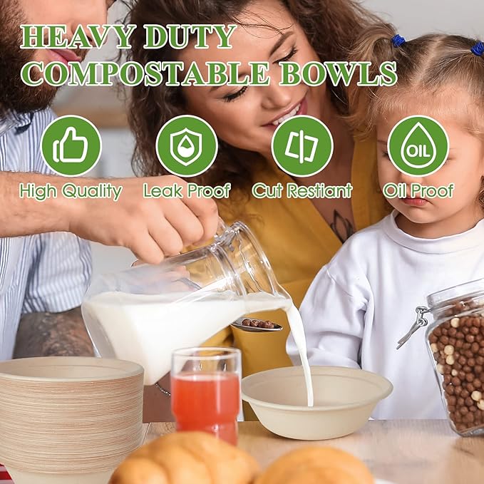 ECOLipak 32 OZ Large Compostable Disposable Paper Bowls, 70 Pack Biodegradable Bagasse Eco-Friendly Sugarcane Bowls for Soup, Salad, Ramen, Popcorn(Nature)