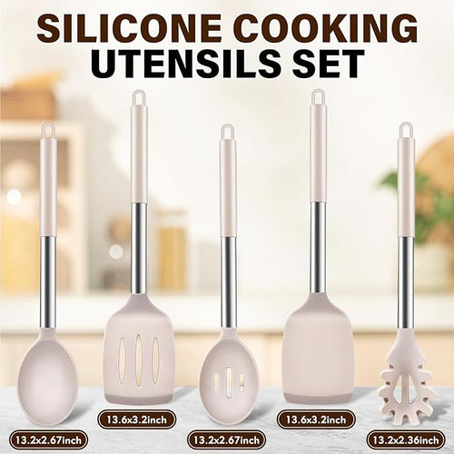 5Pcs Silicone Cooking Utensils Set, Heat Resistant Kitchen Tools Include Solid&Slotted Spatula, Cooking Spoon and Pasta Server, Silicone Kitchen Utensils set for Nonstick Cookware Flipping, Khaki