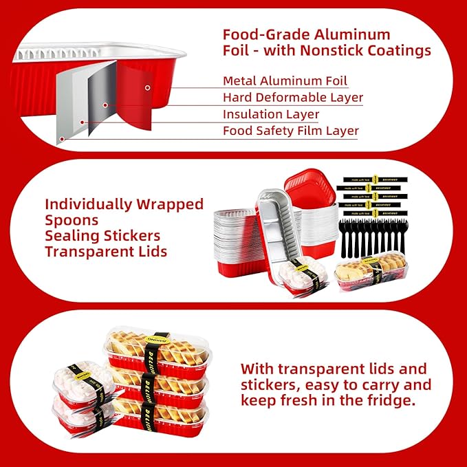 100 Pack Red Mini Aluminum Foil Loaf Pans with Lids 50Pcs 6.8oz and50Pcs 10oz, Spoons & Sealing Stickers Included Ideal for Baking, Storage & Gifting Dessert (100PCS RED)