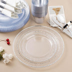Bestluck 350PCS Clear Plastic Plates with Silver Trim for 50 Guests, Disposable Dinnerware Set for Party & Wedding, Includes 100 Plastic Plates, 50 Pre Rolled Napkins with Silver Silverware, 50 Cups