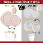 Nervure 175PCS Pink Plastic Plates - Disposable Pink Gold Party Plates & Pre Rolled Napkins with Cutlery for 25 Guests, 50Plates, 75Silverware, 25Cups, 25Napkin for Wedding & Party & Valentines