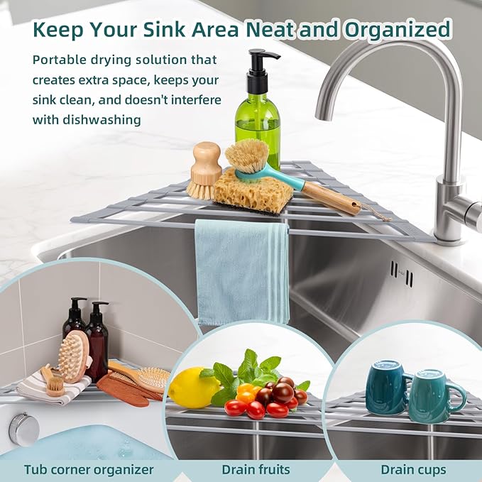 Ohuhu Triangle Roll Up Dish Drying Rack, Anti-Slip Organizer for Kitchen Sink Drying Rack with Full Silicone Wrapped for Top of Sink Coner Grey