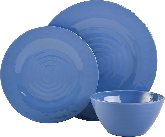 Gibson Home Brist Melamine Plastic Dinnerware Set, Service for Four (12pcs), Blue