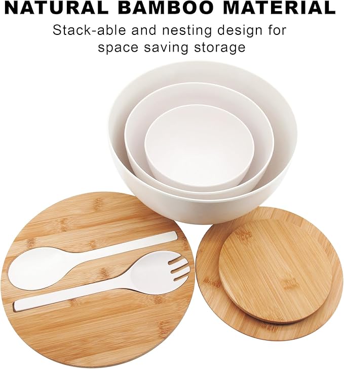 ECOWAY Salad Bowls Set of 3 with Lid & Serving Utensils, Bamboo Fiber Mixing Bowls Set Large Serving Bowls & Storage Set with Bamboo Lid for Salad, Kitchen Eating, Pasta, Popcorn, Chips, Fruit, White