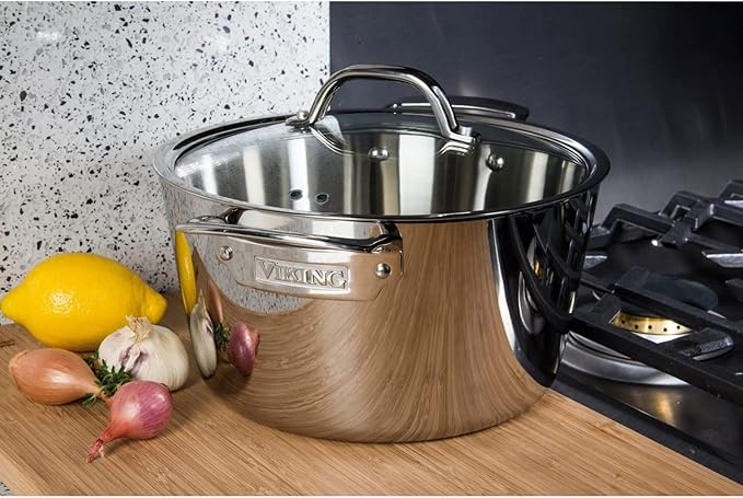 Viking Contemporary 3-Ply Dutch Oven, 5.2 Quart Stainless Steel Cookware Pot with Glass Lid, Dishwasher and Oven Safe, Induction Ready, Silver