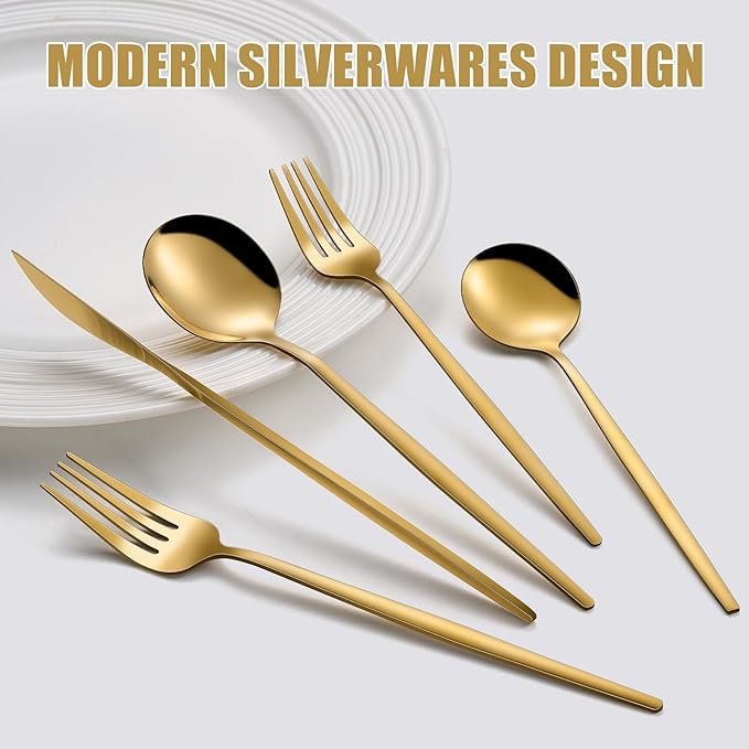 Gold Silverware Set for 8, 40 Pcs Food-Grade Stainless Steel Forks and Spoons Titanium-Coated Flatware Set Cutlery Utensil Set for Kitchen, Home, Restautant