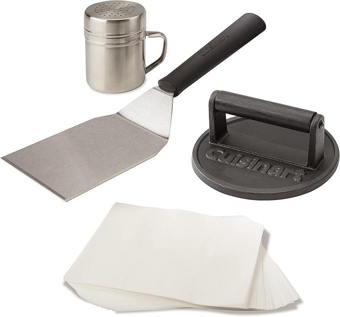 Cuisinart Smash Burger Kit,Cast Iron Press,Spatula,Seasoning Shaker and Patty Papers for Perfect Cookouts,Barbecues and Tailgates,(Pack of 6)
