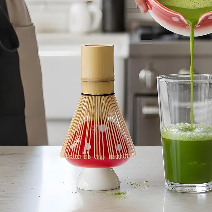 Cute Matcha Set With Mushroom Design Bowl And Whisk Holder, Unique Japanese Matcha Kit Gifts For Women Girls Friends Tea Lovers, Red
