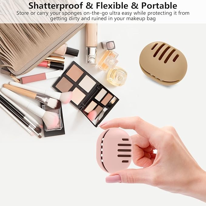 Fauxomor Makeup Sponge Holder,3PCS Double-sided Breathable Silicone Beauty Make Up Blender Case for Travel,Shatterproof Makeup Sponge Travel Case for All Sponges Reuse Easy Carry,Khaki+Pink+Grey