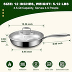 EWFEN 12 Inch Tri-Ply Stainless Steel Frying Pan, Compatible with All Cooktops Up to 600℉, Large Frying Pan with lids, Induction-Ready Skillet, Dishwasher and Oven Safe, Even Heat, 12" Skillet + Lid