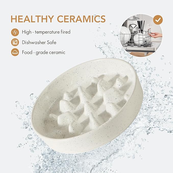 Havniva Ceramic 1.6 Cup Dog Bowl Slow Feeder for Fast Eaters, 8.2inch Slow Pet Food Dish for Medium and Large Dog, Stop Bloat, Preventing Choking(Single Bowl, Vanilla White)