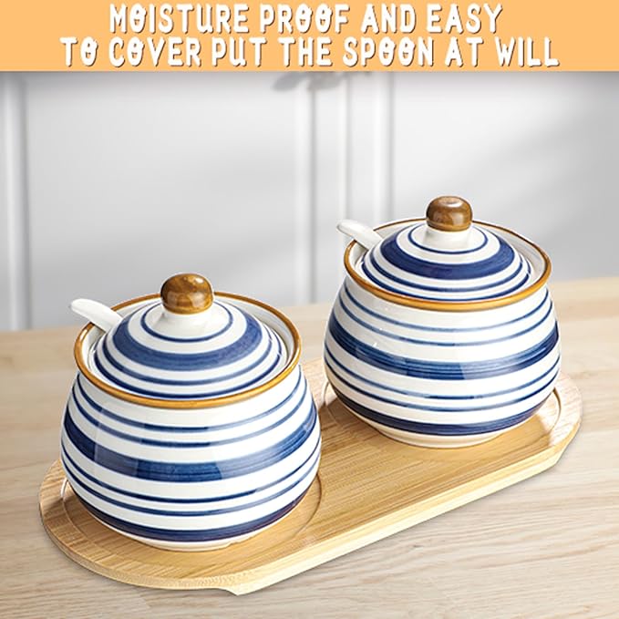 Sugar Bowl Set of 2,Ceramic Sugar Bowl with Lids and Spoon & Wooden Tray,Sugar Jars for Coffee Bars and Home Kitchens(2, Large)