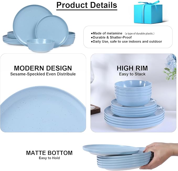 Webbylee 12-Piece Melamine Dinnerware Set for 4 – Unbreakable Plates & Bowls, Lightweight, Two-Tone Blue & Beige, Ideal for Family Meals, Camping, Picnic, Parties