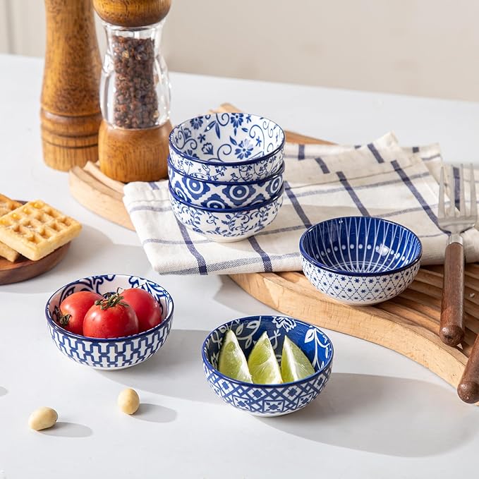 Ceramic Dipping Bowls Set - Mini 2.7 Oz Soy Sauce Dishes - 3 inch Small Side Dishes for Appetizers Charcuterie Sushi Sauce Snack Soy - Pinch Bowls for Kitchen Prep - Set of 6 - Vintage Blue