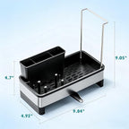 304 Stainless Steel Sink Caddy with Auto-Drain, Rustproof Kitchen Sink Organizer, Sponge Holder with Removable Brush & Towel Rack, Countertop Storage for Soap Dispenser, Kitchen Accessories, Black