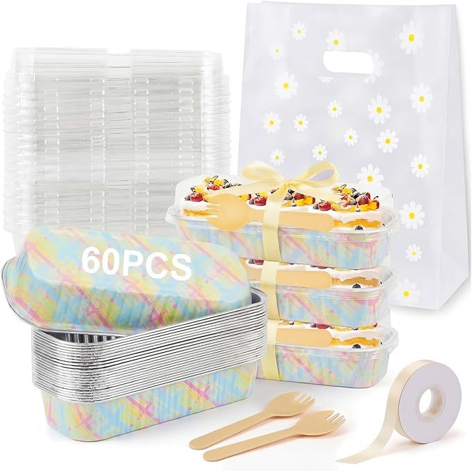Hushee 60 Pack 6.8oz Easter Mini Loaf Pans with Lids Disposable Cross Cake Tins with Daisy Gift Bags Forks Ribbon Aluminum Foil Baking Pans Christian Bread Mold for Cupcake Picnics Baking Party Gift