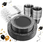 NOCCUR 210PCS Black and Silver Dinnerware Set for 30 Guests - Black Plastic Plates with Silver Rim Include 30 Dinner / 30 Dessert Plates, 30 Prewrapped Silverware, 30 Cups Ideal for Party/Graduation