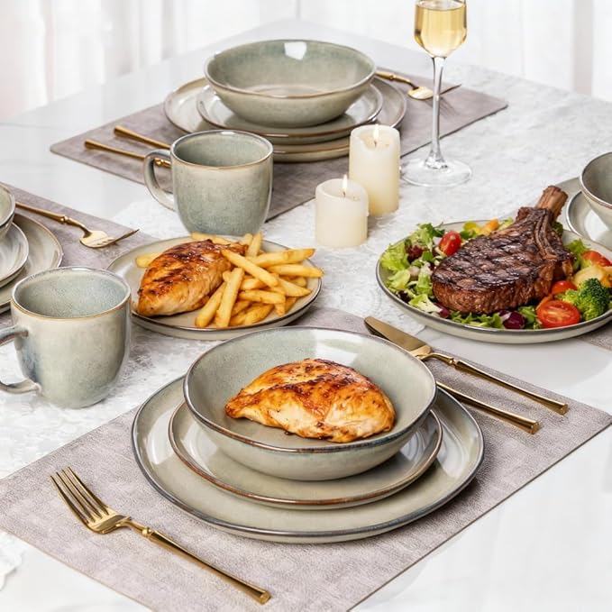 AmorArc Ceramic Dinnerware Sets,Handmade Reactive Glaze Stoneware Plates and Bowls Sets,Highly Scratch Resistant | Dishwasher & Microwave Safe Dishes Set,Service for 6 (18pc)