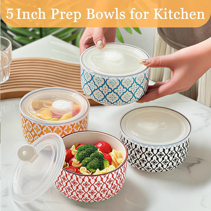 Ceramic Bowls with Lids Set of 4,20 oz Ceramic Serving Bowls with Lids for Kitchen,Office Lunch,Picnic, 5 Inch Prep Bowls for Meal Prep, Cereal, Salad, Microwave Dishwasher Safe