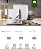 Famiware Dinnerware Sets for 6, Ocean Square 18-Piece Kitchen Plates and Bowls Sets, Microwave and Dishwasher Safe, Scratch Resistant, Matte White