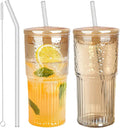 JunVpic Glass Cups with Lids and Straws, Amber 20 OZ Iced Water Glasses Tumblers for Ice Juice, Tea, Milk, Smoothie and Cold or Hot Drinks, Set of 2