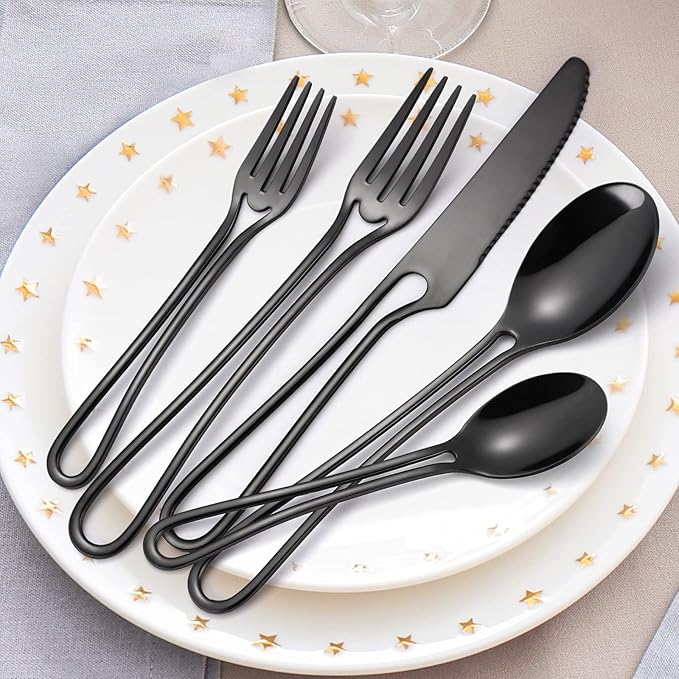 Black Silverware Set for 8, Modern 40 Piece Flatware Stainless Steel Hanging Fine Utensils Cutlery Set,Tableware include Knife Fork Spoon for Family Gatherings & Daily Use Wedding (Hollow Out Handle)