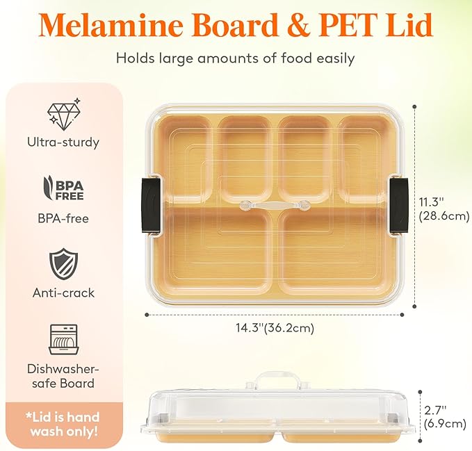 Lifewit 6 Compartment Melamine Charcuterie Board, 11 x 14 Inch Portable Cheese Board with Plastic Lockable Clear Lid, Serving Platter with Cover for Snacks, Fruit, Appetizers