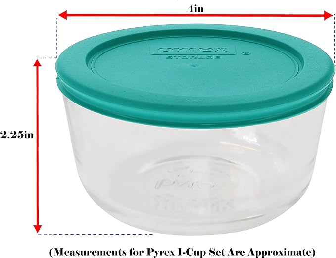 Pyrex 7202 1-Cup Glass Bowls & 7202-PC Turquoise Lids (4-Pack) - Made in USA