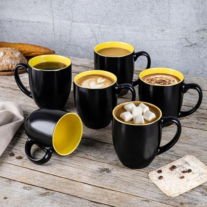 GBhome 12oz Coffee Mugs Set of 6, Large Ceramic Coffee Mugs for Man, Woman, Dad, Mom, Modern Coffee Mugs Set with handle for Tea/Latte/Cappuccino/Milk/Cocoa. Dishwasher&Microwave Safe,Yellow