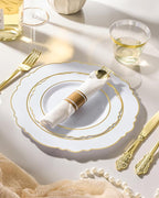 realluck 350 Piece White Gold Plastic Dinnerware Set for 50 Guests Elegant Baroque Disposable Dinnerware for Weddings, Parties, 100 Plastic Plates, 50 Pre Rolled Napkins with Silverware, 50 Cups