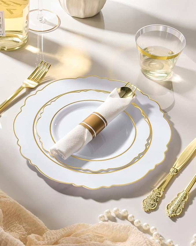 realluck 175 Piece White Gold Plastic Dinnerware Set for 25 Guests Elegant Baroque Disposable Dinnerware for Weddings, Parties, 50 Plastic Plates, 25 Pre Rolled Napkins with Silverware, 25 Cups
