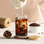[ 12pcs Set ] Glass Cups with Bamboo Lids and Glass Straw - Beer Shaped Drinking Glasses, 16 oz Iced Coffee Glasses, Cute Tumbler Cup for Smoothie, Boba Tea, Whiskey, Water - 4 Cleaning Brushes