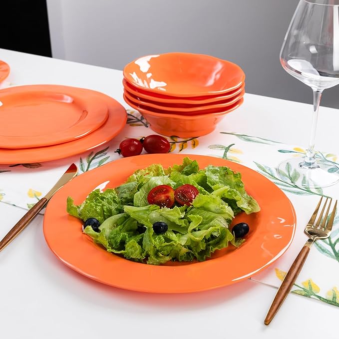 LEHAHA Orange Melamine Dinnerware Set, 12 Piece Kitchen Tableware Plates Bowls Dishes Set, Lightweight Unbreakable Dinnerware Set for 4, Dishwasher Safe and BPA free