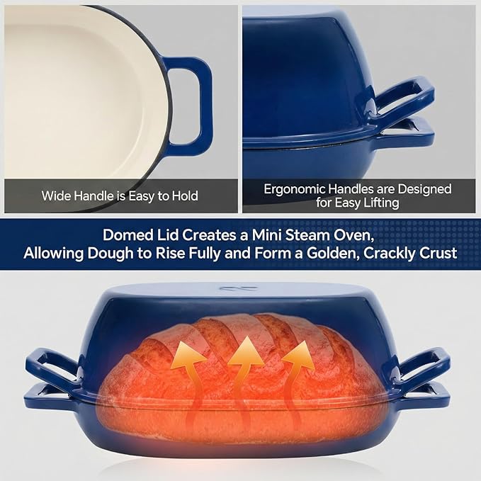 Enameled Cast Iron Oval Dutch Oven for Bread Baking，12"x8" Bread Pot with Lid，Ideal for Sourdough, Artisan Loaves & Family Meals，5 Qt