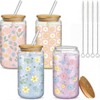 Mumufy 4 Pack Bridesmaid Gift Glass Cups, Cute Flower Mason Jars with Bamboo Lids & Straws, 16oz Iced Coffee Tumblers for Wedding, Bridal Party, Birthday, Mother's Day(Pastel Flower)