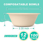 JINVOGREEN 12 oz Paper Bowls, 100 Count Disposable Compostable Bowls, Heavy Duty Biodegradable Bagasse Bowl for Snacks, Soup, and Salads, Natural