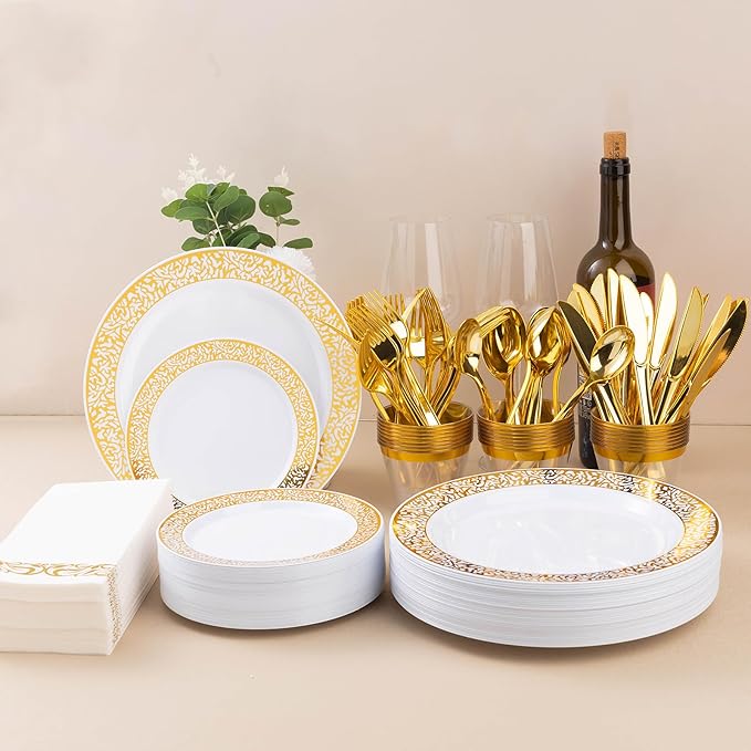 Bestluck 175PCS Gold Plastic Dinnerware Set for 25 Guests, Disposable Plates for Party, Wedding and Dinner, Include 25 Dinner Plates, 25 Dessert Plates, 25 Set Silverware, 25 Cups, 25 Napkins