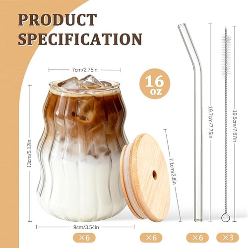 6 Packs Cute Glass Tumbler with Lid and Straw 16 oz Cute Ice Coffee Cup Set Bulk Vasos de Vidrio Con Tazas Para Cafe Cocina Accesorios Home Bar Accessories New Home House Warming Gift Kitchen Stuff