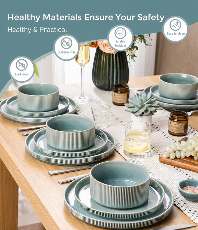 GBHOME 12-Piece Stoneware Dinnerware Set for 4 – Ribbed Ceramic Plates and Bowls, Scratch-Resistant, Microwave & Dishwasher Safe, Reactive Glaze, Malachite Green