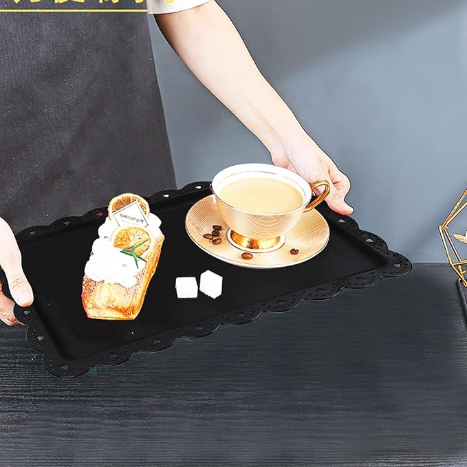 Set of 6 Plastic Serving Trays Food Tray - 14" x 9" Rectangle Serving Platter for Halloween Party Cafeteria Kitchen Restaurant, Small Flat Trays for Dessert Fruit Cookie Snack (6, Black)