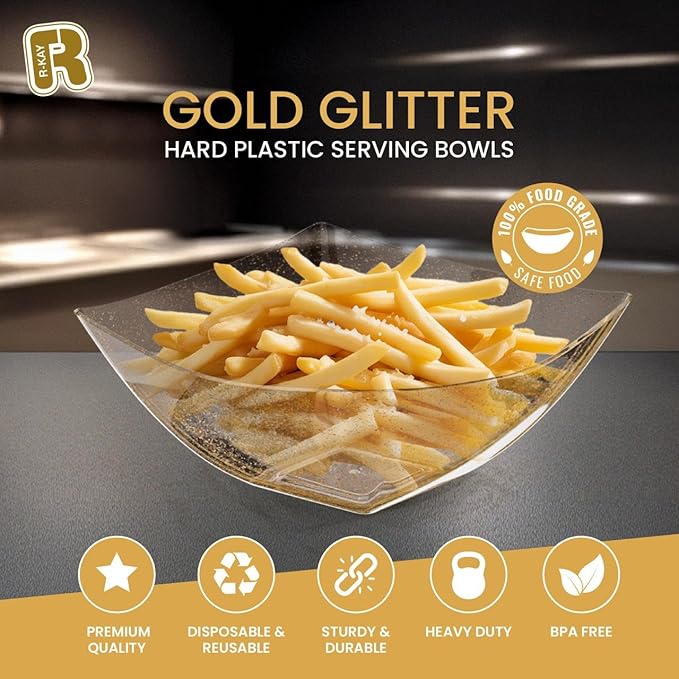 R-kay 6 Pack Gold Glitter Plastic Serving Bowls - 32 Oz Gold Plastic bowls - Salad Bowls Large Serving, Premium Duty For Weddings Catering And Birthday parties