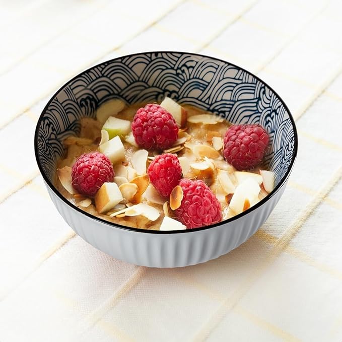 Houlu 6 in Small Japanese Bowls Set of 6, Versatile 30 oz Blue and White Porcelain Bowls for Soup, Cereal, Salad, Desserts, and Side Dishes - Wave Pattern