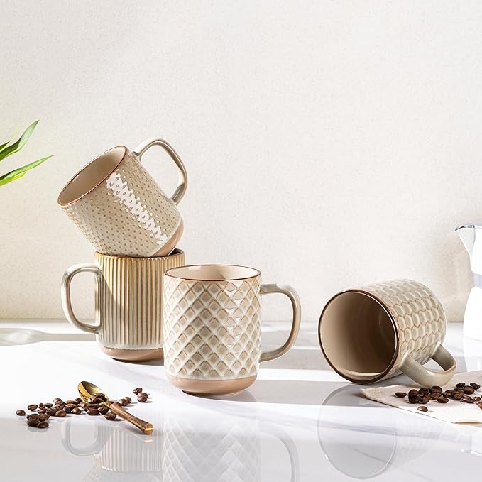 GBhome 12oz Coffee Mugs Set of 4, Handmade Stoneware Coffee Mugs Set with Large Handle for Cappuccino/Latte/Tea/Hot Cocoa, Dishwasher & Microwave Safe-Pale khaki