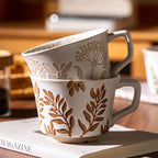 Ceramic Mugs 11 oz Unique Luxurious Cups Set of 4 with Premium Spoon, Mug for Coffee Milk Latte Cappuccino Tea, for Office Home Dishwasher Birthday Gift Microwave Freezer Safe Stoneware Mixed