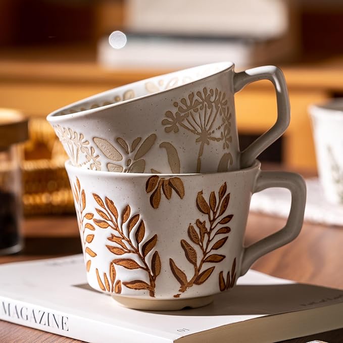 Coffee Mugs Set of 4 with Gold Spoon, 11 oz Porcelain Mug, Ceramic Tea Cups with Handle for Men Women, Hand-painted Mug, Birthday Housewarming Wedding Gift, Dishwasher Microwave Safe