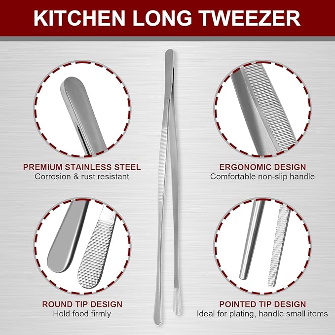 12 Inch & 10 Inch Fine Long Tweezers Tongs Stainless Steel, Silver Professional Kitchen Tweezers Tongs for Cooking, BBQ, Plating, Repairing (Pack of 4)