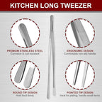 12 Inch & 10 Inch Fine Long Tweezers Tongs Stainless Steel, Silver Professional Kitchen Tweezers Tongs for Cooking, BBQ, Plating, Repairing (Pack of 4)