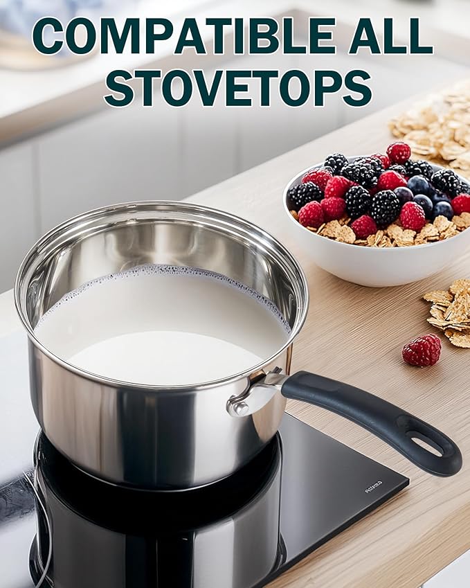 Cook N Home 3 Quart Stainless Steel Saucepan Set with Lid, Induction Compatible Milk Pots, Stay-Cool Silicone Handle, Mirror Polished 18/10 Cookware, Dishwasher & Oven Safe, Silver