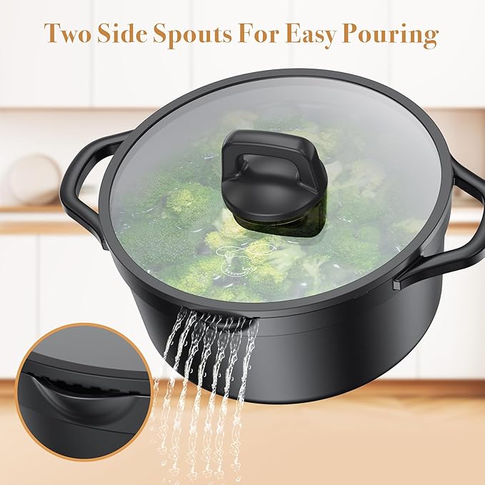 Nonstick pots and pans set 14 Pcs, Induction Cooking Set with Pour Spouts and Oven Safe for Casserole, PFOA FREE, Classic Black,Compatible with All Cooktops,Heat-resistant and comfortable handle